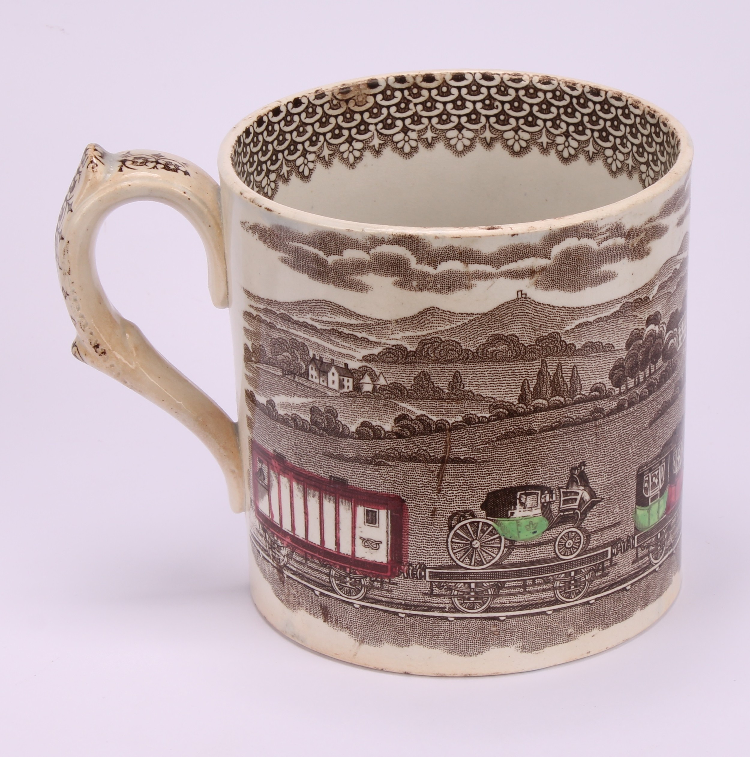 Railway Interest - steam locomotives, a 19th century Staffordshire pearlware mug, printed in sepia - Image 3 of 10