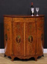 A Sheraton Revival satinwood and painted demilune side cabinet, slightly oversailing top painted