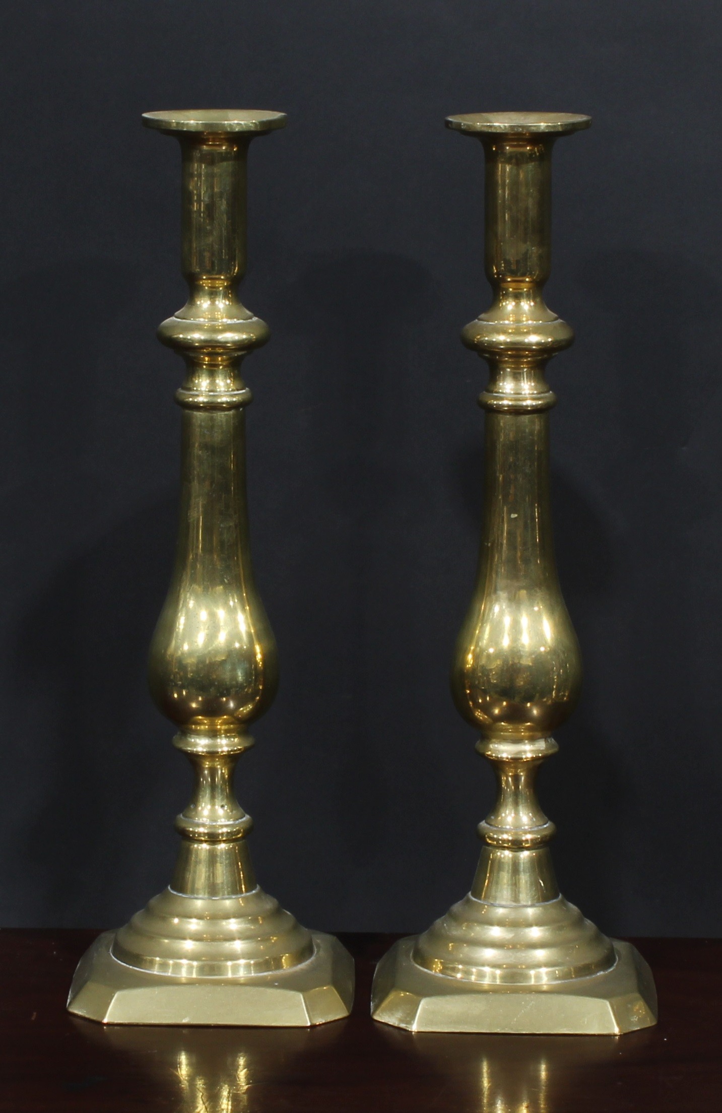 A pair of large Victorian brass baluster candlesticks, canted square bases, 41cm high, c.1880; - Image 2 of 6