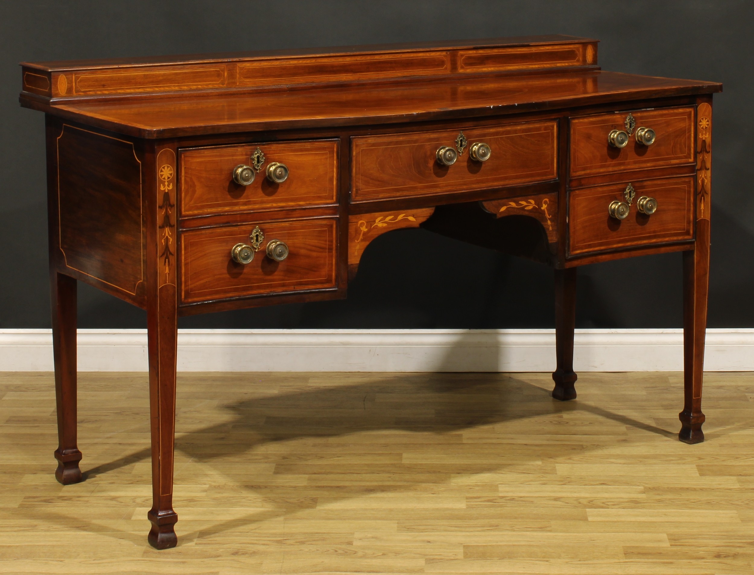 A Sheraton Revival satinwood banded mahogany and marquetry serpentine serving table or sideboard, - Image 3 of 6