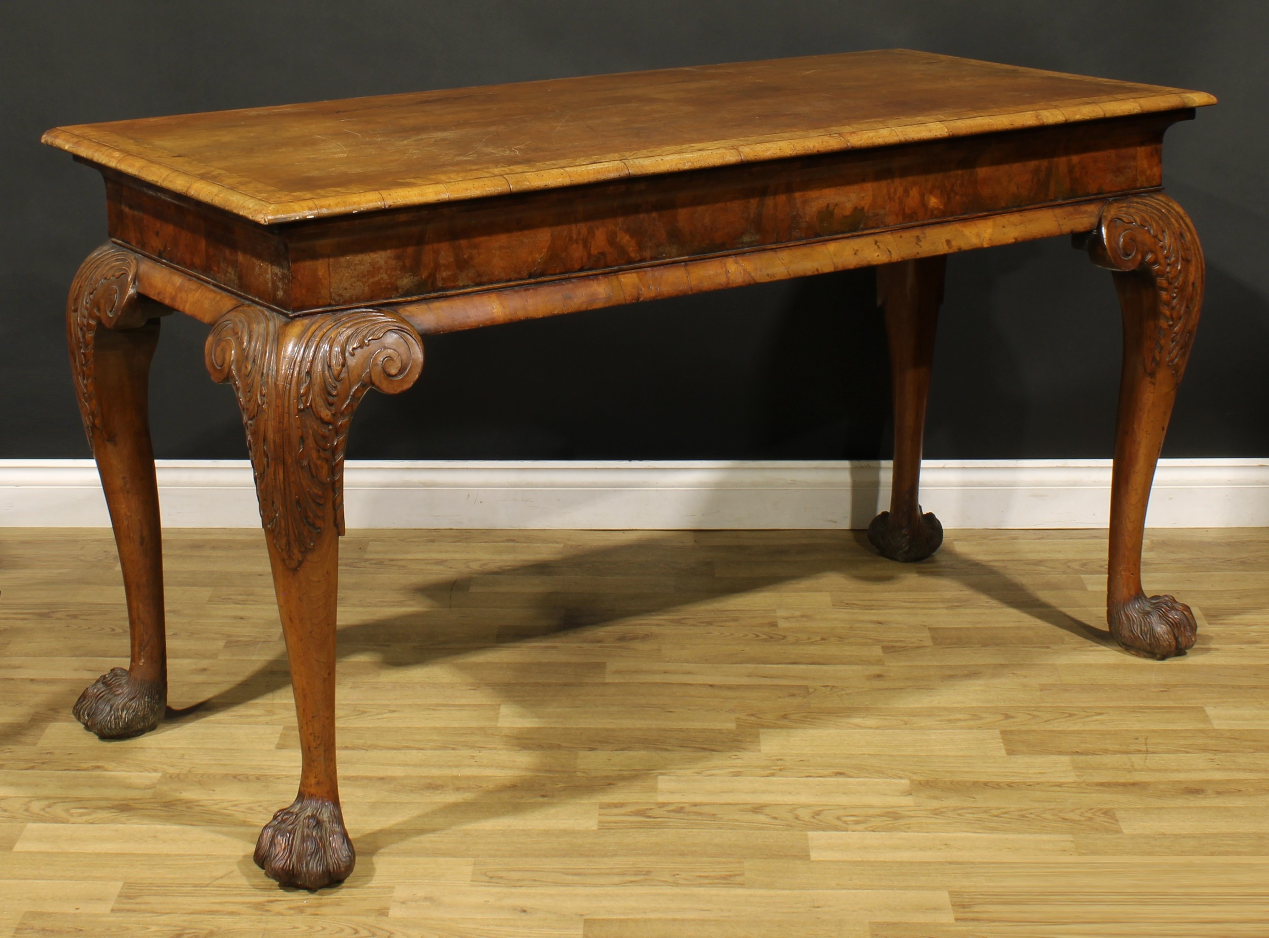 A George I Revival Irish walnut serving table, burr banded rectangular top with moulded edge above a - Image 3 of 3