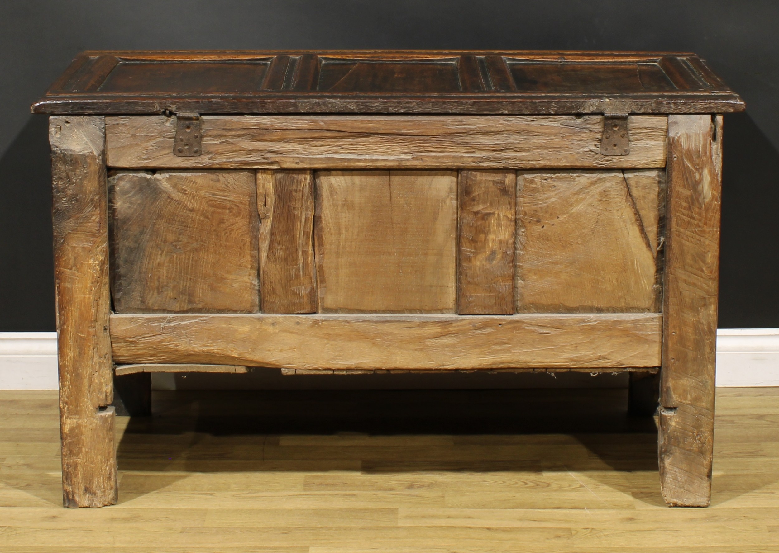 A Charles II oak three panel blanket chest, hinged top, the front profusely carved with leafy - Image 5 of 5