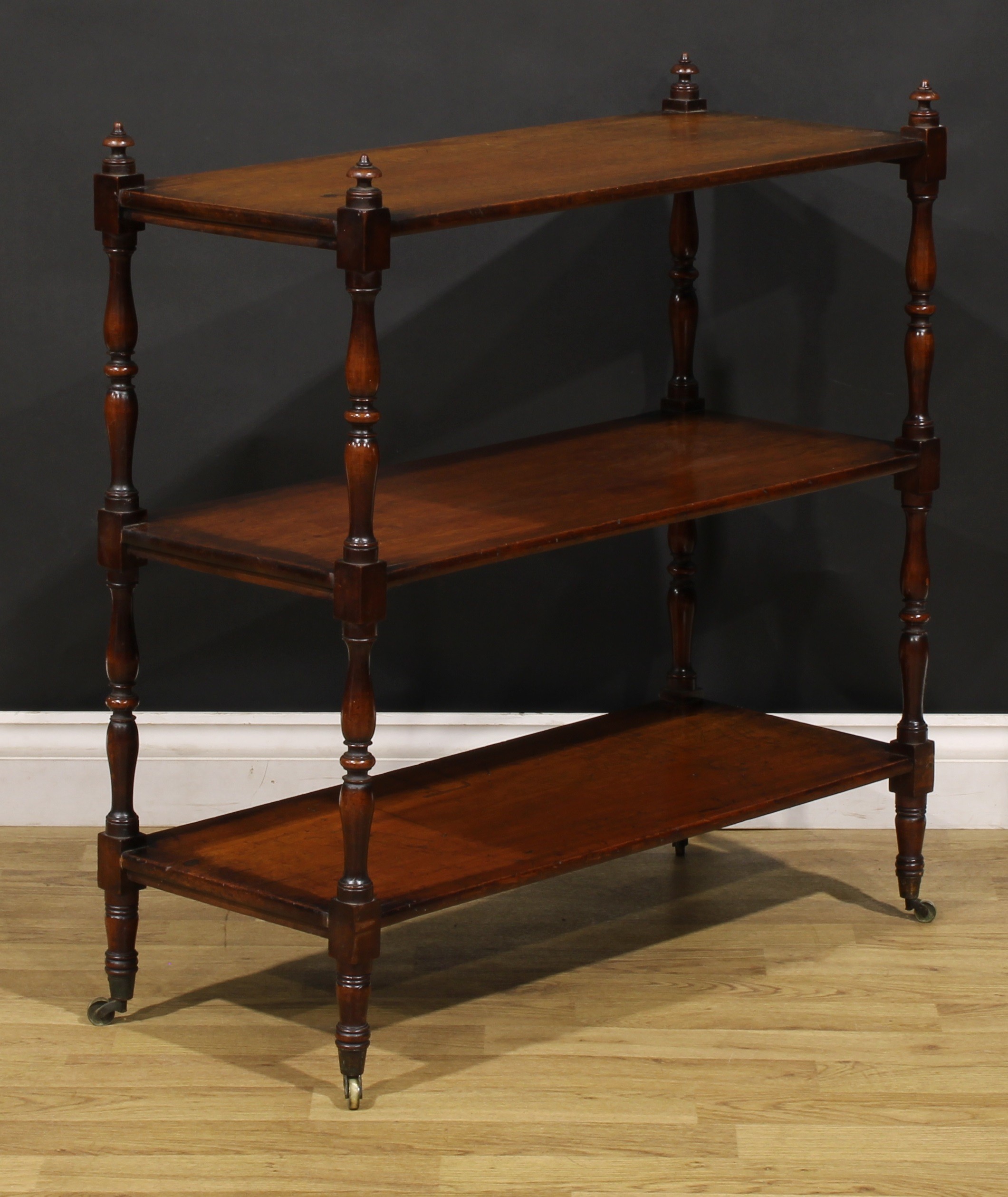 A George IV mahogany rectangular three tier whatnot, turned finials and supports, brass casters, - Image 3 of 5