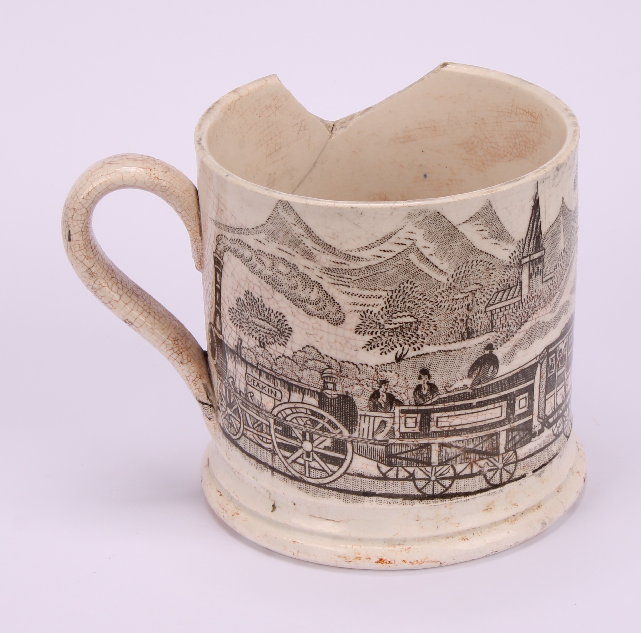 Railway Interest - steam locomotives, a 19th century Staffordshire pearlware mug, printed in sepia - Bild 5 aus 10