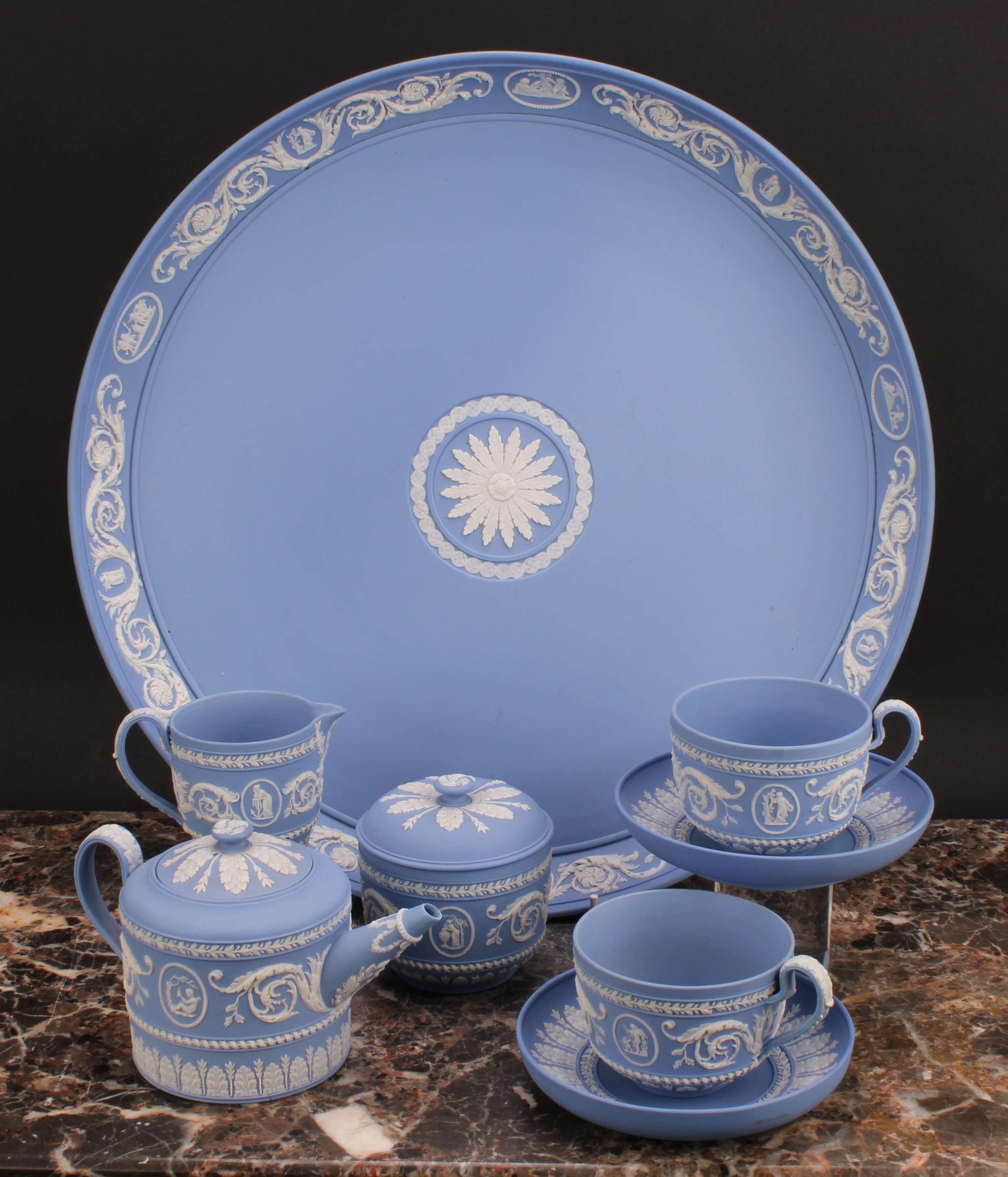 A Wedgwood jasperware cabaret set, comprising teapot, milk jug, sucrier and cover, two cups and - Image 3 of 3