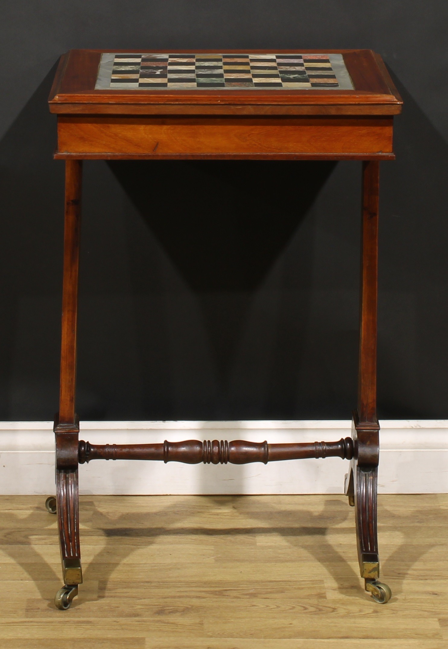 A 19th century mahogany and specimen marble games table, square top with moulded edge and inset - Image 4 of 5
