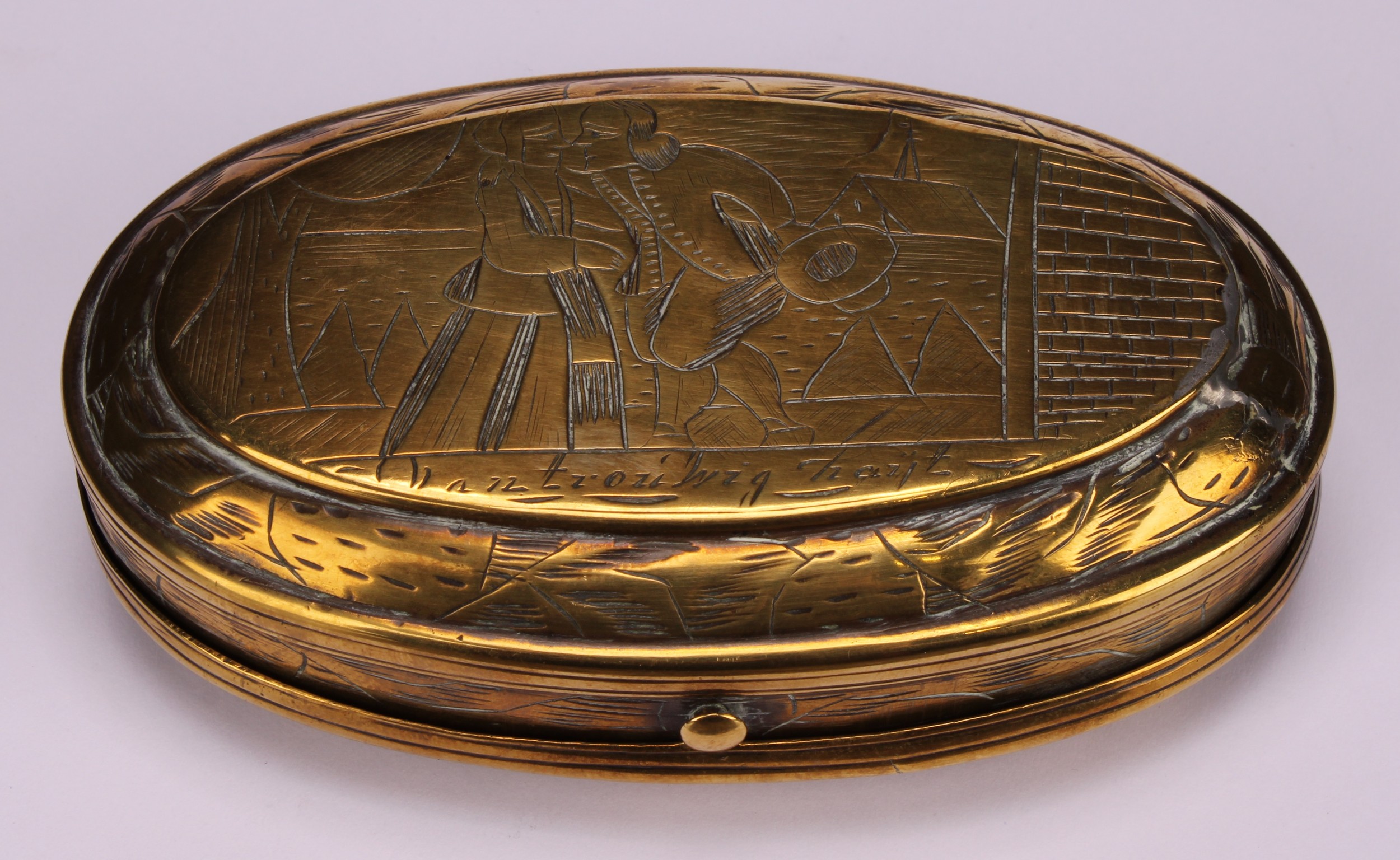An early 18th century Dutch brass oval tobacco box, engraved with narrative scenes, hinged cover - Image 3 of 6