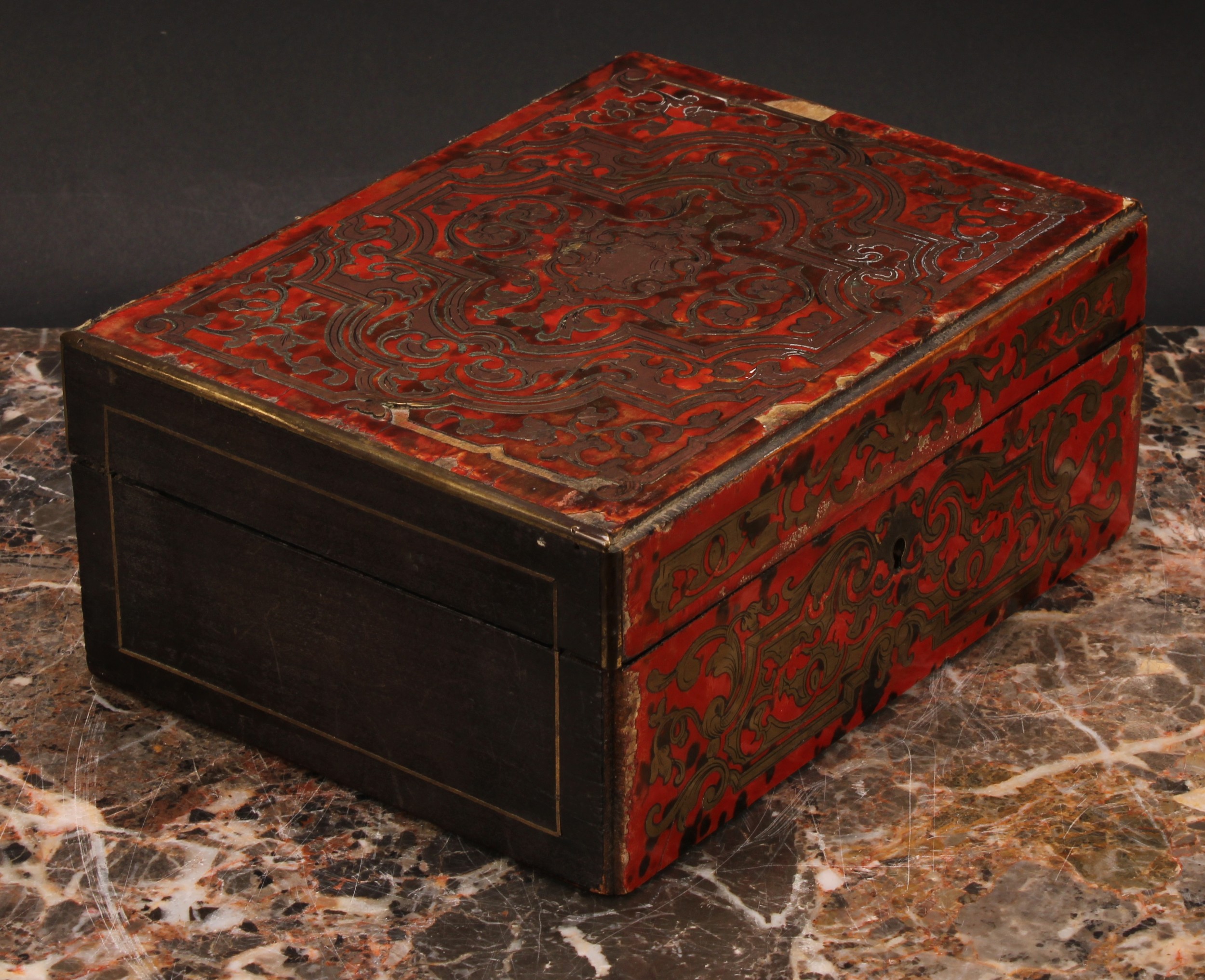 A 19th century Boulle and ebonised marquetry rectangular work box, hinged cover, labelled Halstaff & - Image 3 of 4