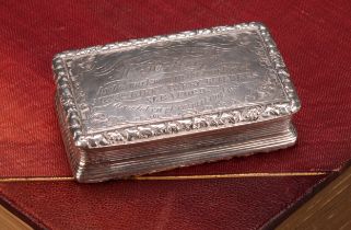 A George IV silver rectangular snuff box, hinged cover inscribed Presented to Mr H Knight by the