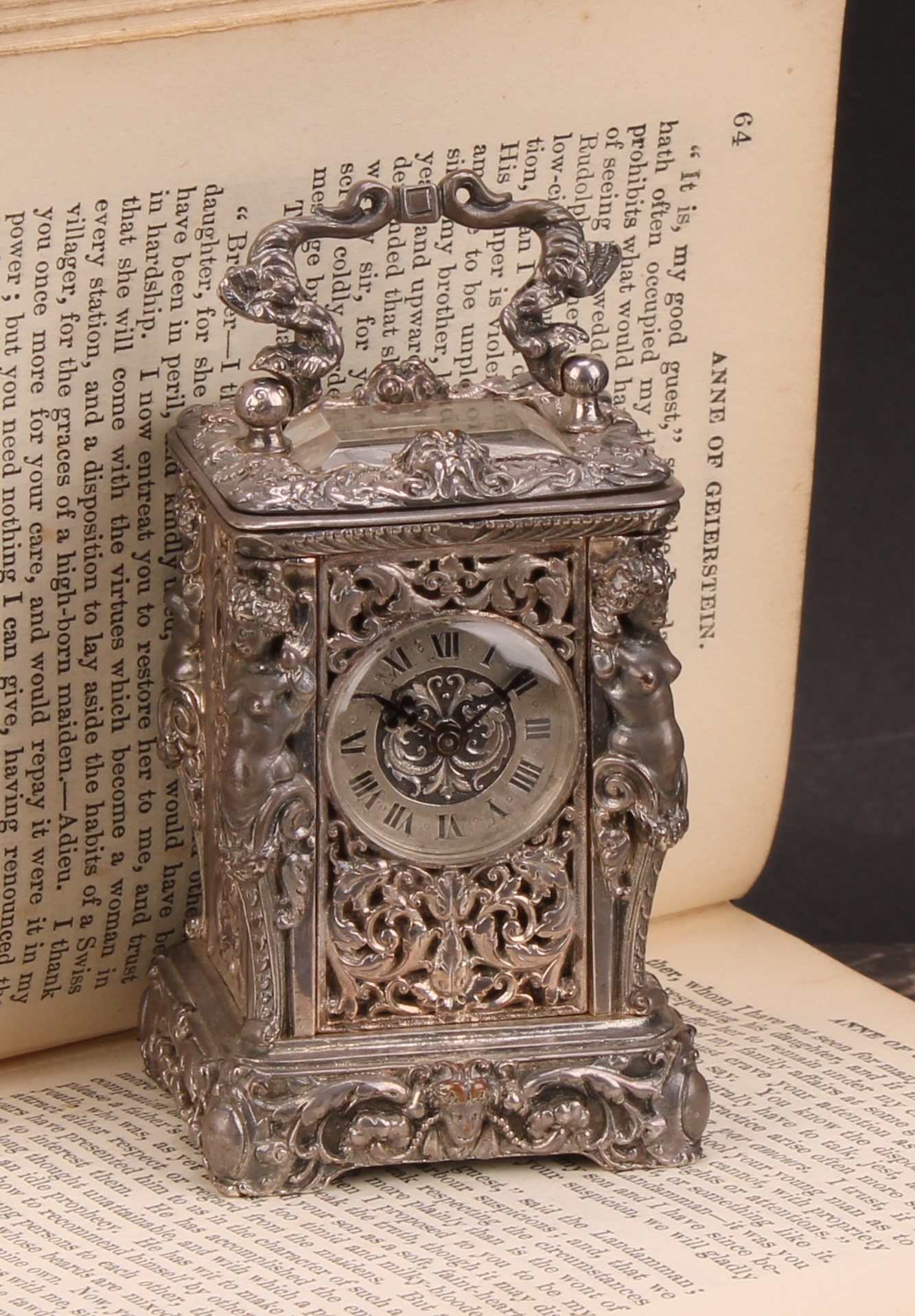 A 19th century French silver plated miniature carriage timepiece, 2.5cm clock dial inscribed with