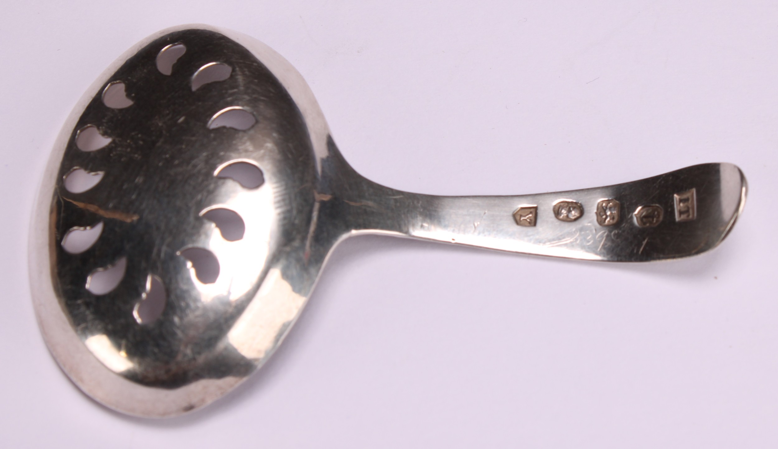 A George III silver caddy spoon, oval pierced bowl, wriggle-work engraved, 7cm long, Joseph - Image 3 of 4