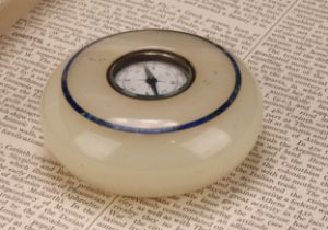 An Art Deco period onyx and lapis lazuli compass desk weight, 8cm diam, c.1920