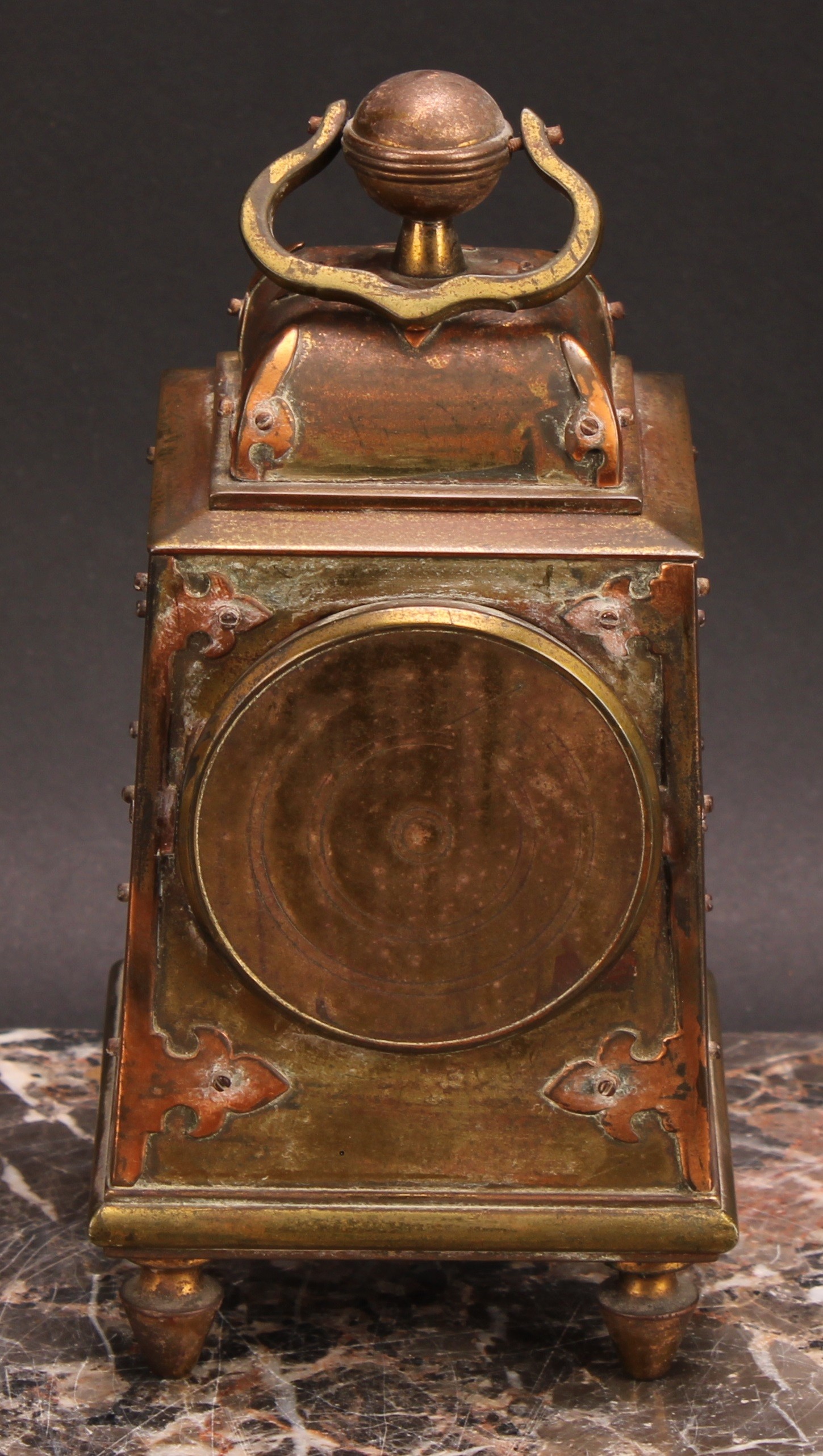 An early 20th century brass pylon shaped mantel timepiece, 5.5cm silvered dial inscribed with - Image 4 of 4