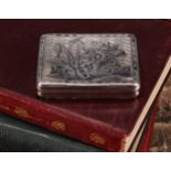 A Russian silver and niello rounded rectangular snuff box, hinged cover decorated with a huntsman