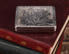 A Russian silver and niello rounded rectangular snuff box, hinged cover decorated with a huntsman
