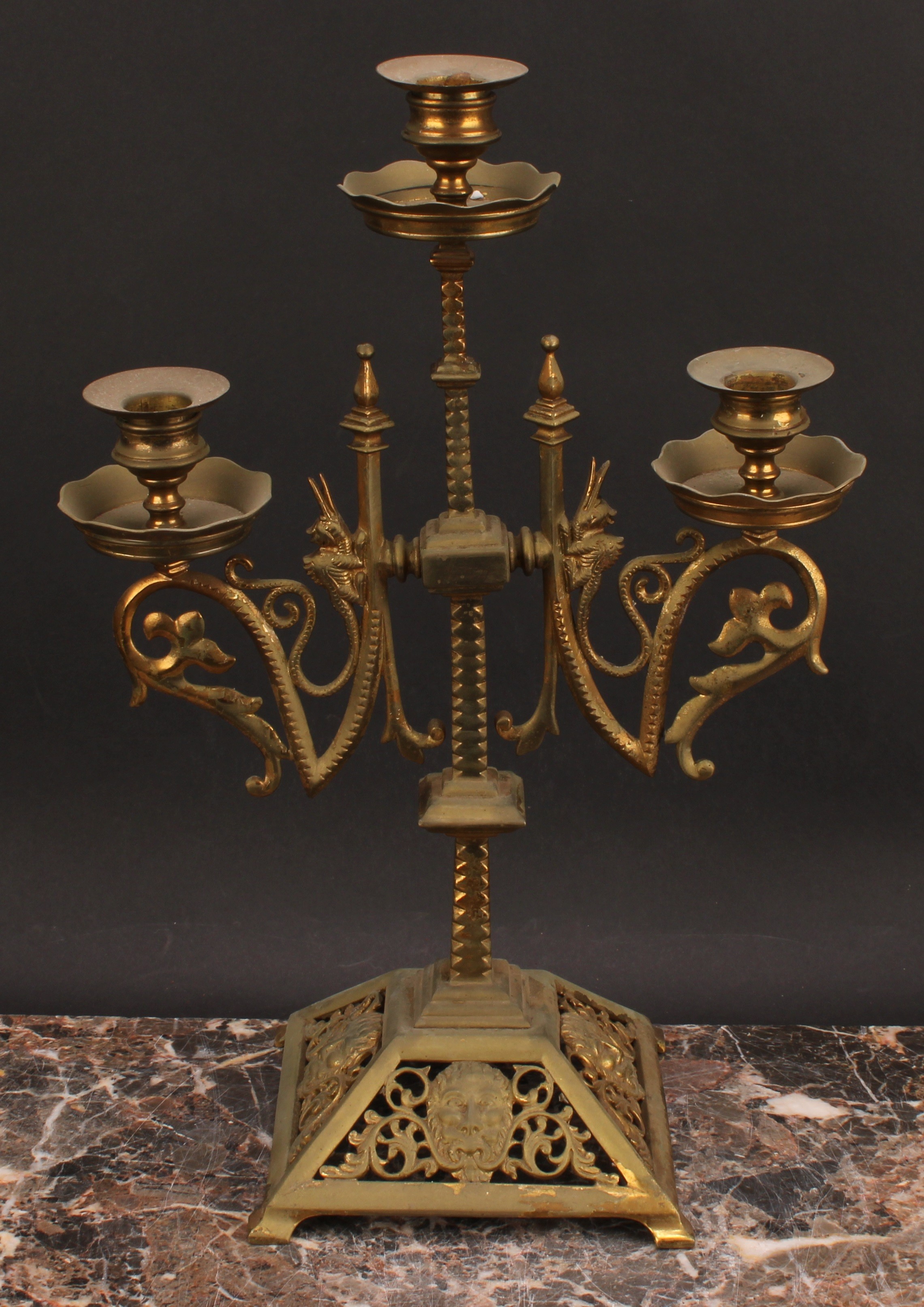 A 19th century gilt brass three-light candelabrum, pierced and cast with foliate masks, 37cm high, - Image 3 of 5