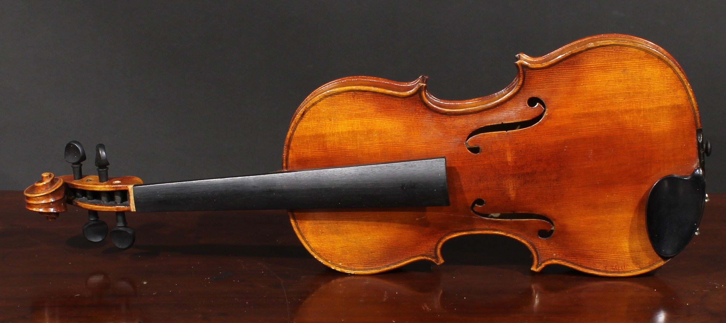 A violin, the one-piece back 36cm long excluding button, ebonised tuning pegs, outlined with - Image 2 of 10