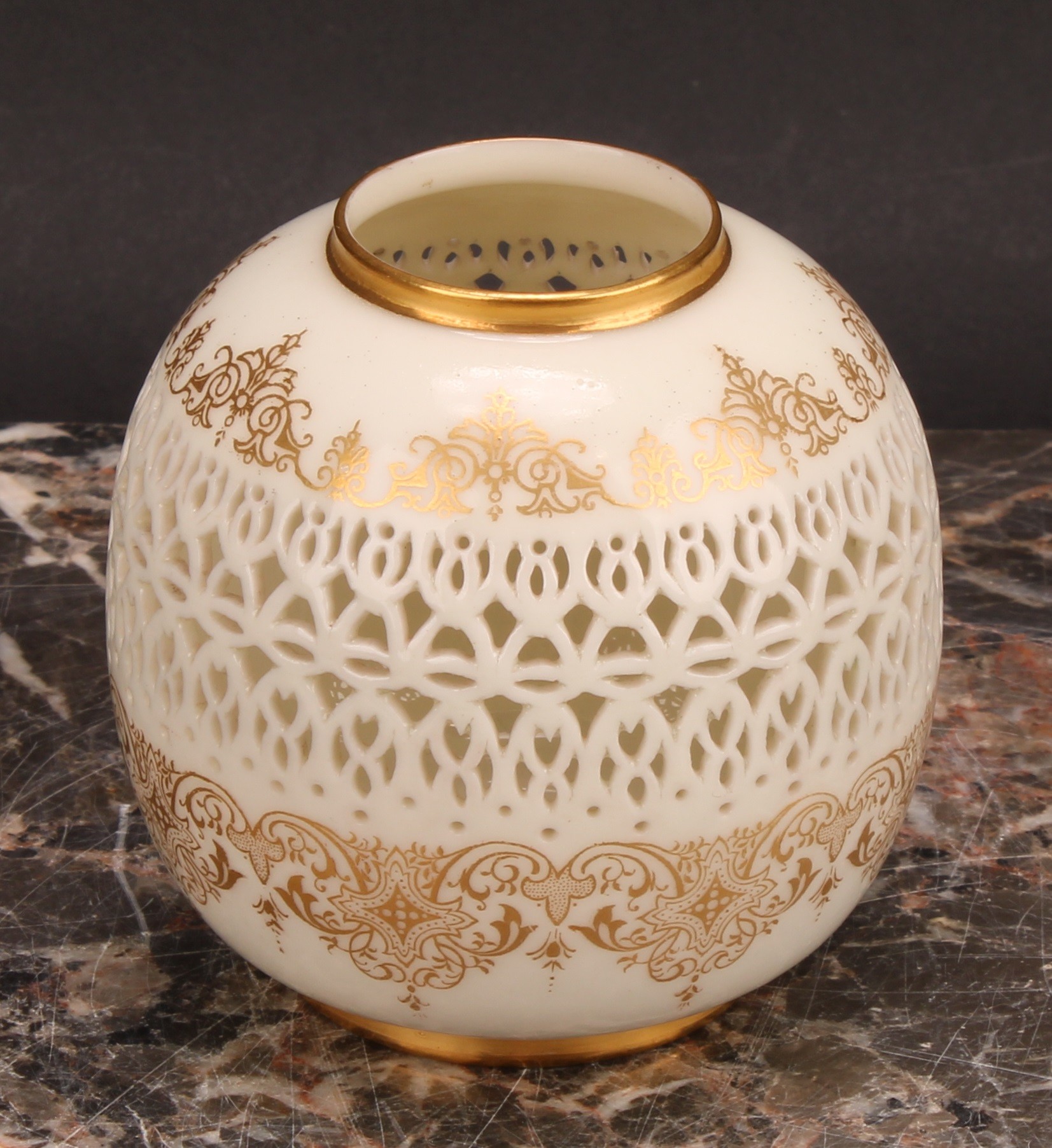 A Royal Worcester ovoid reticulated vase, by George Owen, outlined with gilt bands of scrolls and - Image 3 of 6