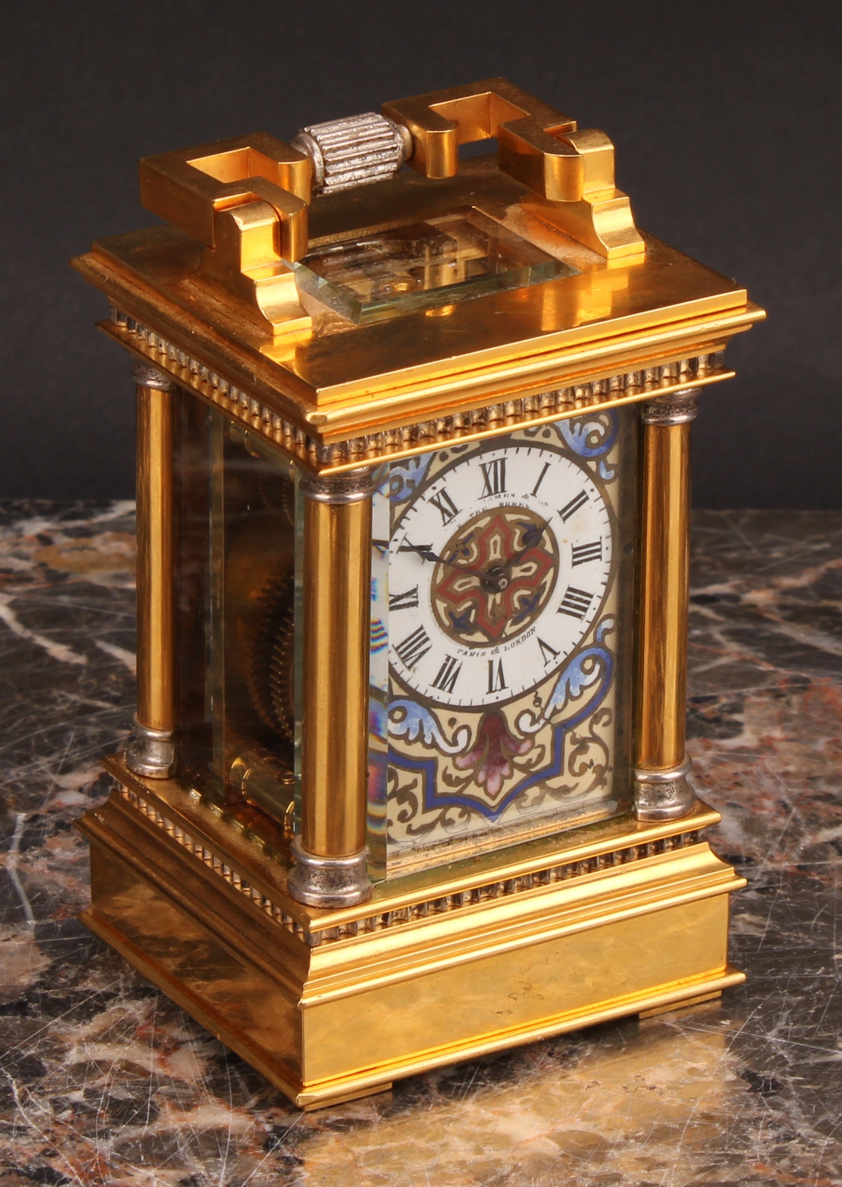 A French parcel-silvered gilt brass and champleve enamel miniature carriage timepiece, 3cm clock - Image 2 of 7