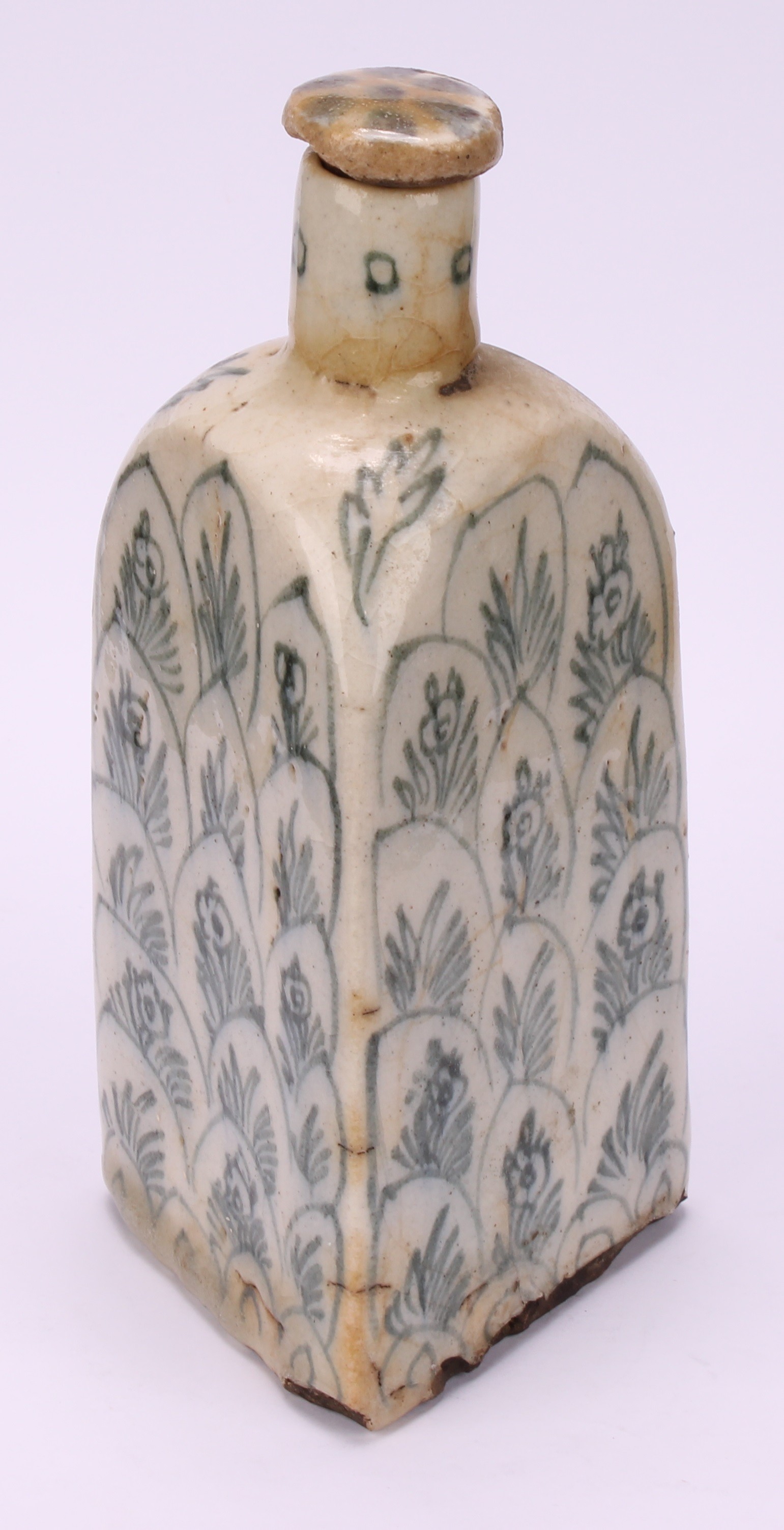 A Middle-Eastern tin-glazed earthenware triform flask, decorated with flowers and layered lotus, - Image 3 of 5