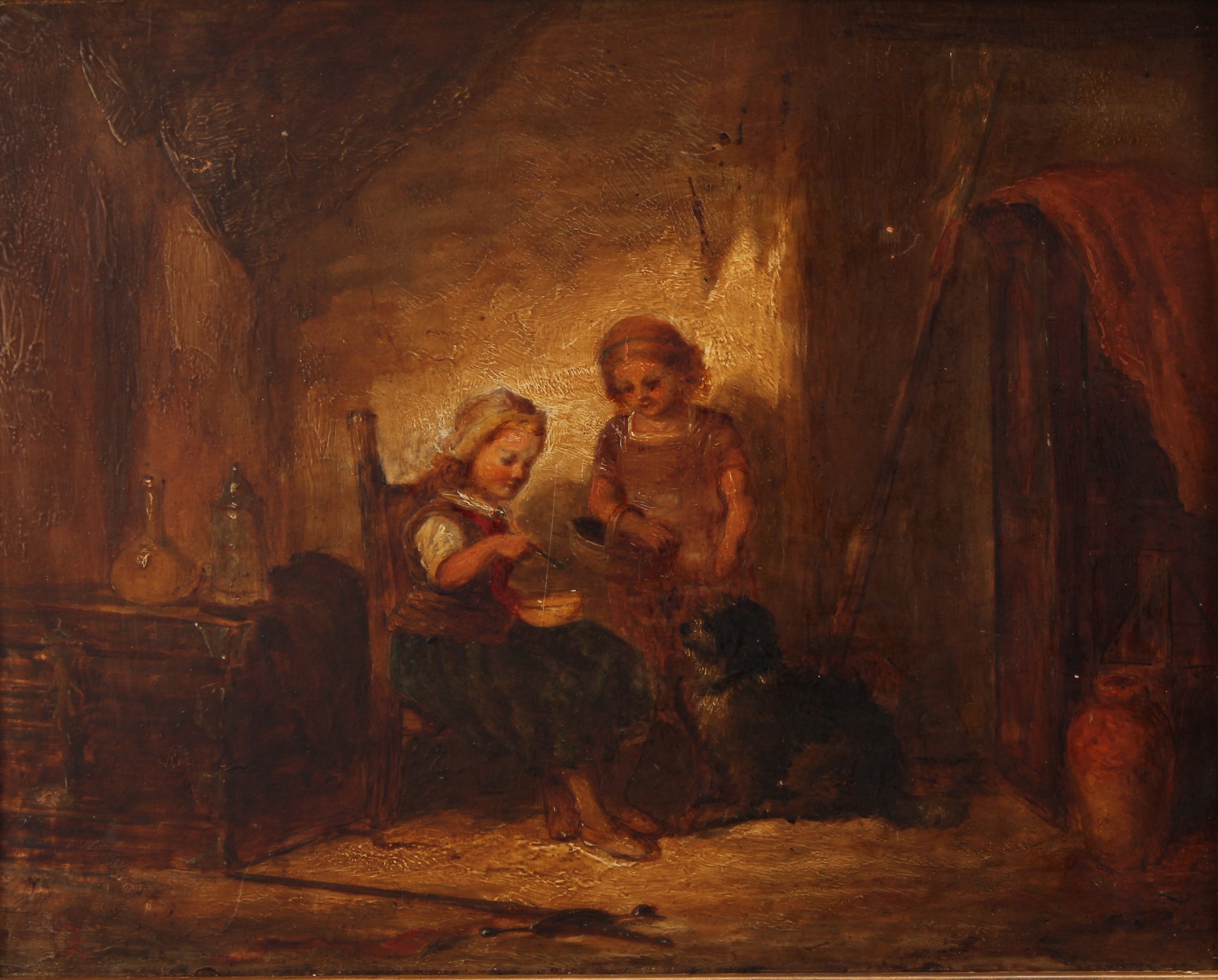 English School (19th century) a pair, Children and Dogs, indistinct monogram, oils on panels, 18.5cm - Image 2 of 4