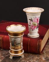 An English porcelain flared cylindrical spill vase, probably Rockingham, painted with pink peonies