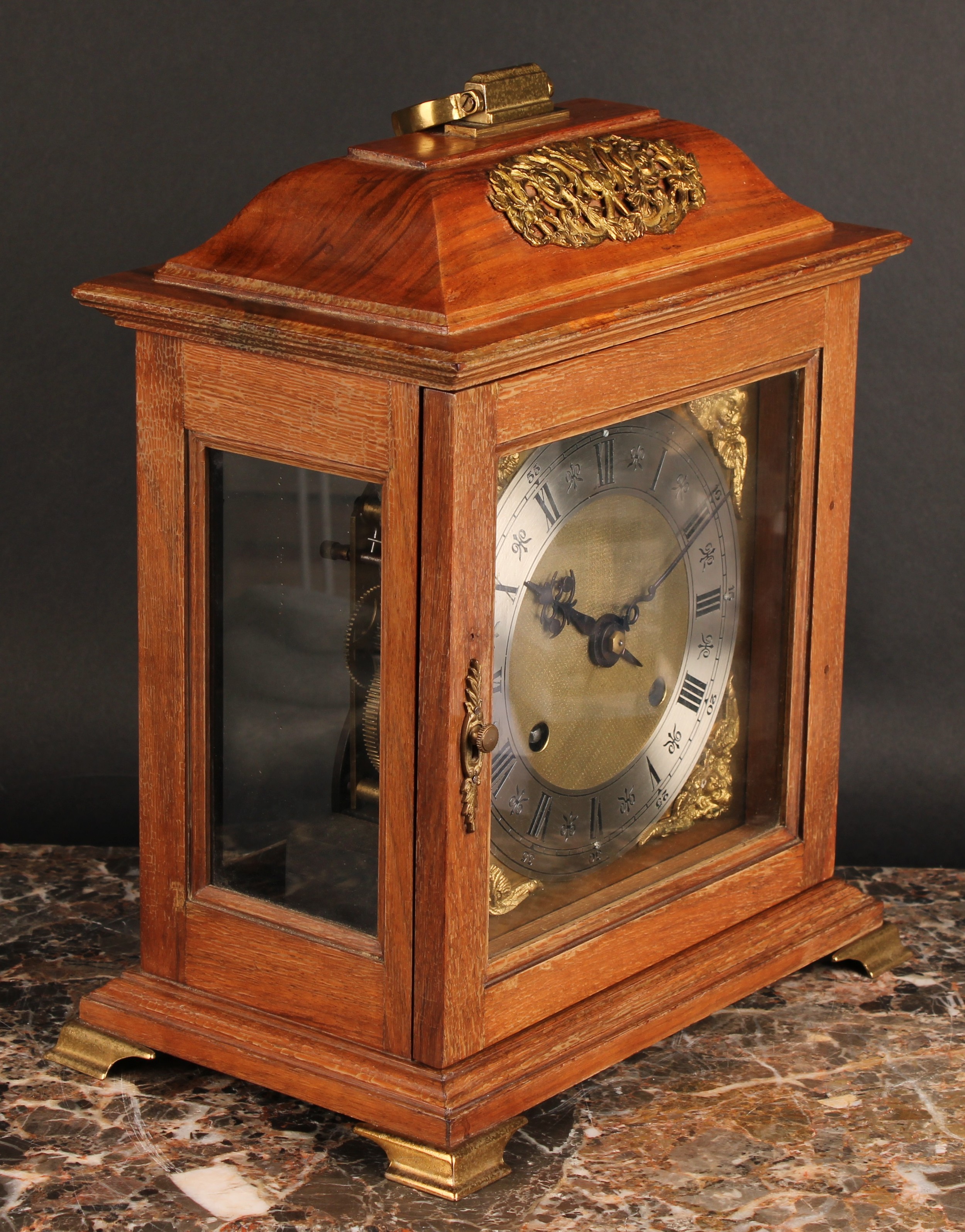 An early to mid 20th century walnut bracket-form mantel clock, 17.5cm brass dial with silvered - Image 2 of 5