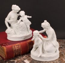 A pair of 19th century French biscuit porcelain figure groups, Venus and Cupid, after Louis Simon