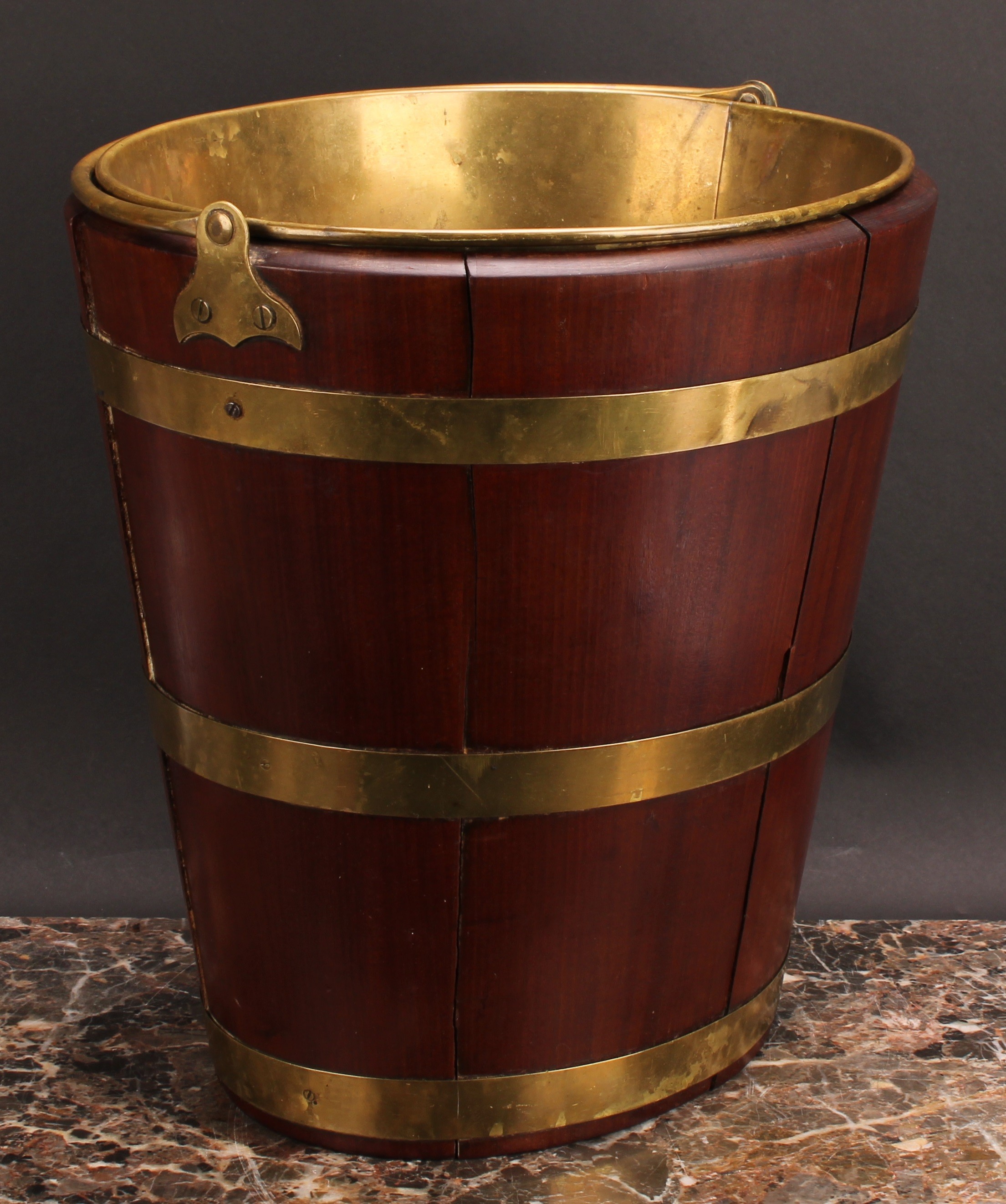 A Dutch brass bound coopered oyster bucket or peat bucket, 47cm high over handle, 34.5cm wide, - Image 2 of 4