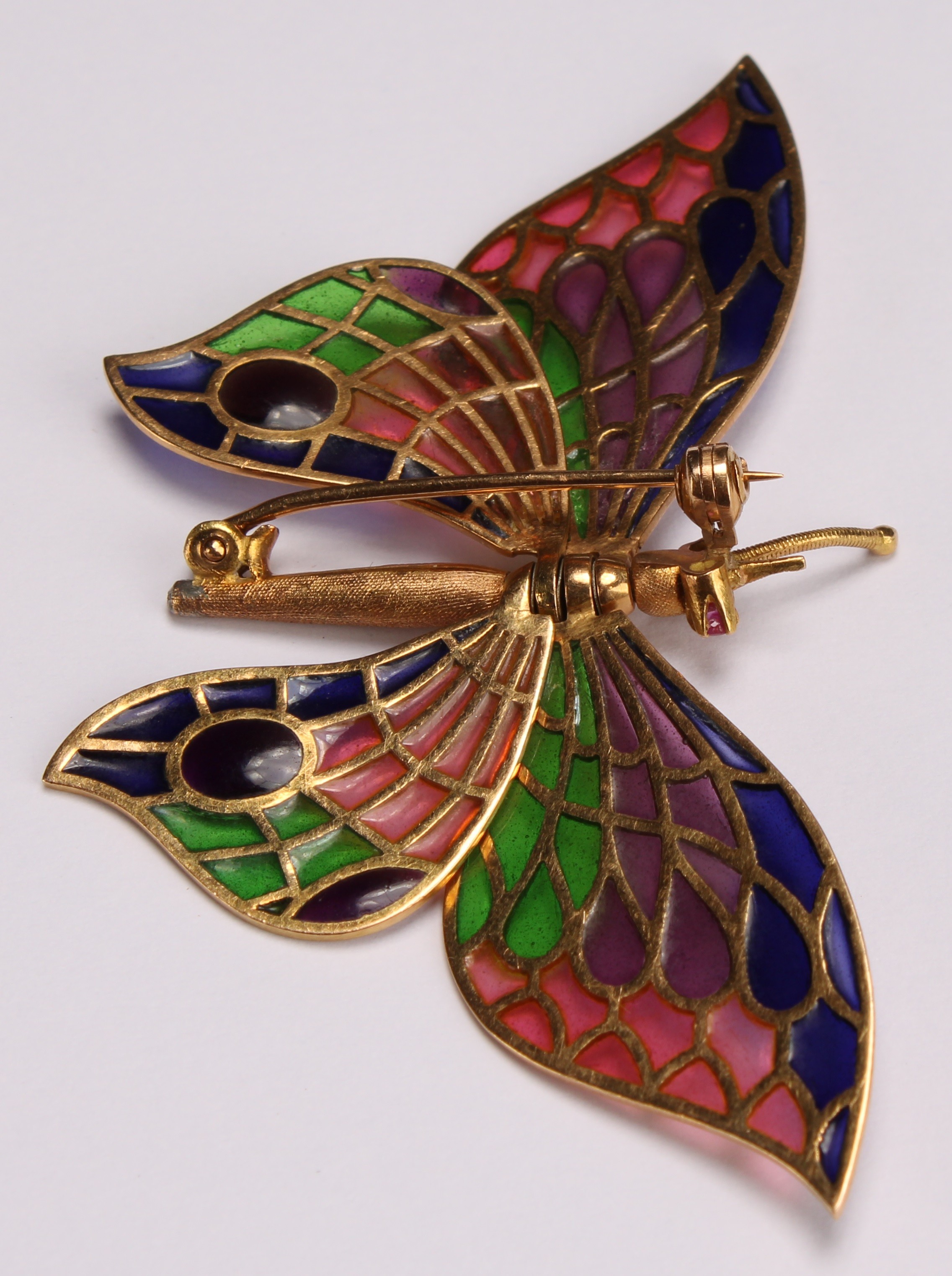 An 18ct gold and pique a jour enamel insect brooch as a butterfly, The head set with two small round - Image 5 of 7