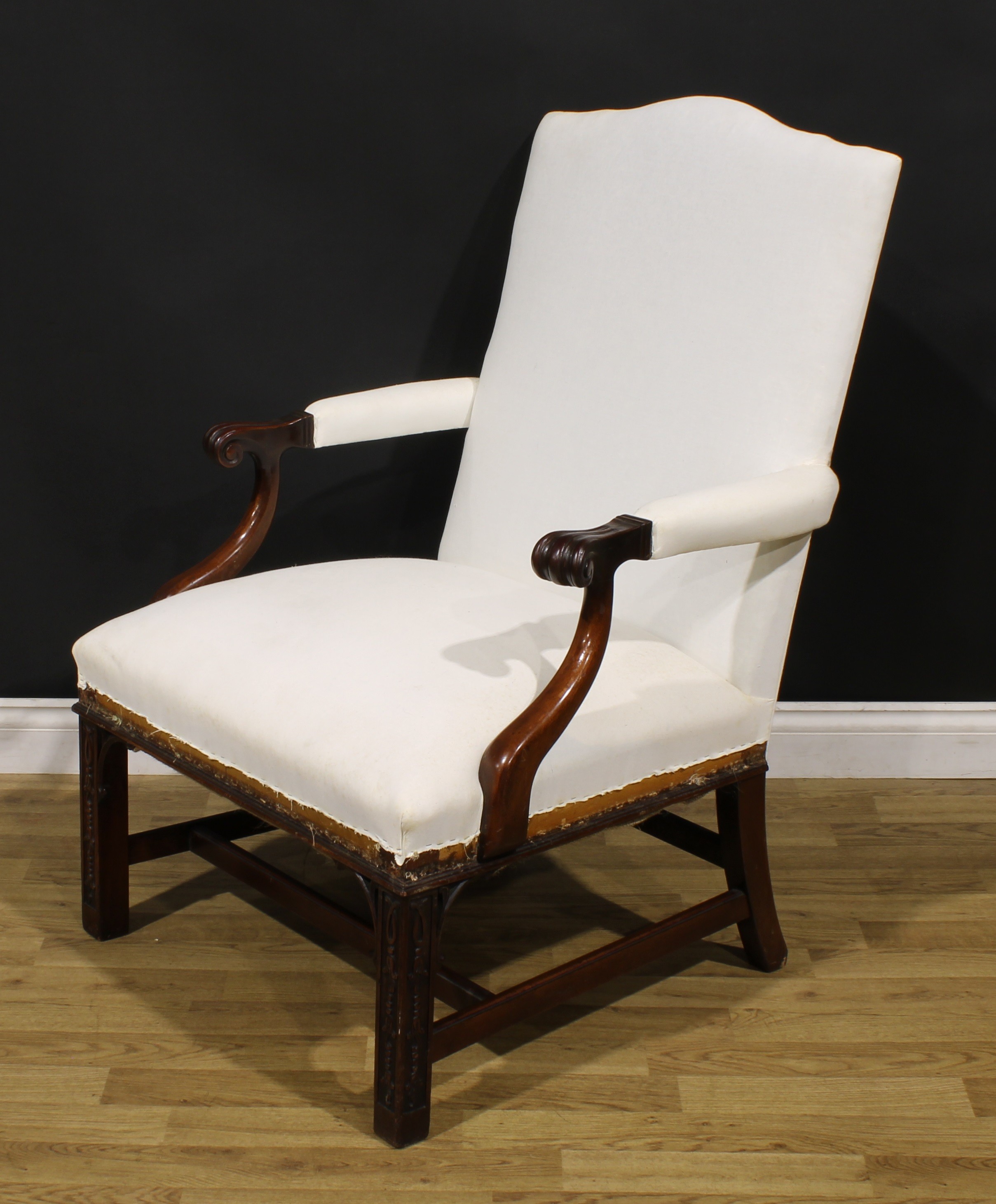 A George III style mahogany Gainsborough armchair, scroll hand rests, square forelegs carved with - Image 3 of 4