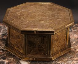 An early 20th century brass mounted octagonal sewing box, embossed in the Aesthetic Movement taste