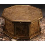 An early 20th century brass mounted octagonal sewing box, embossed in the Aesthetic Movement taste