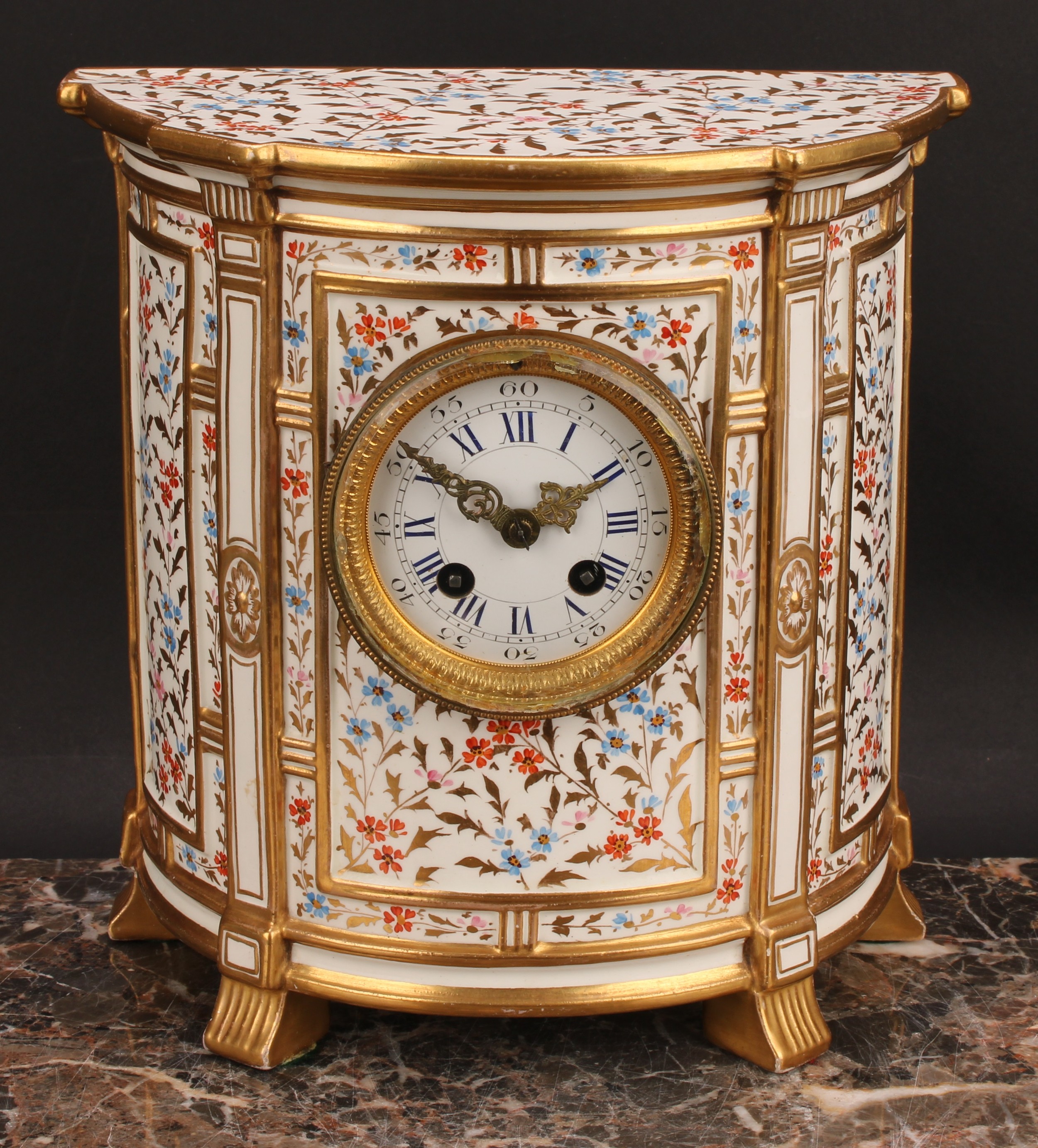 A late 19th century Wedgwood mantel clock, demi-lune porcelain case in the manner of Sheraton, - Image 2 of 4