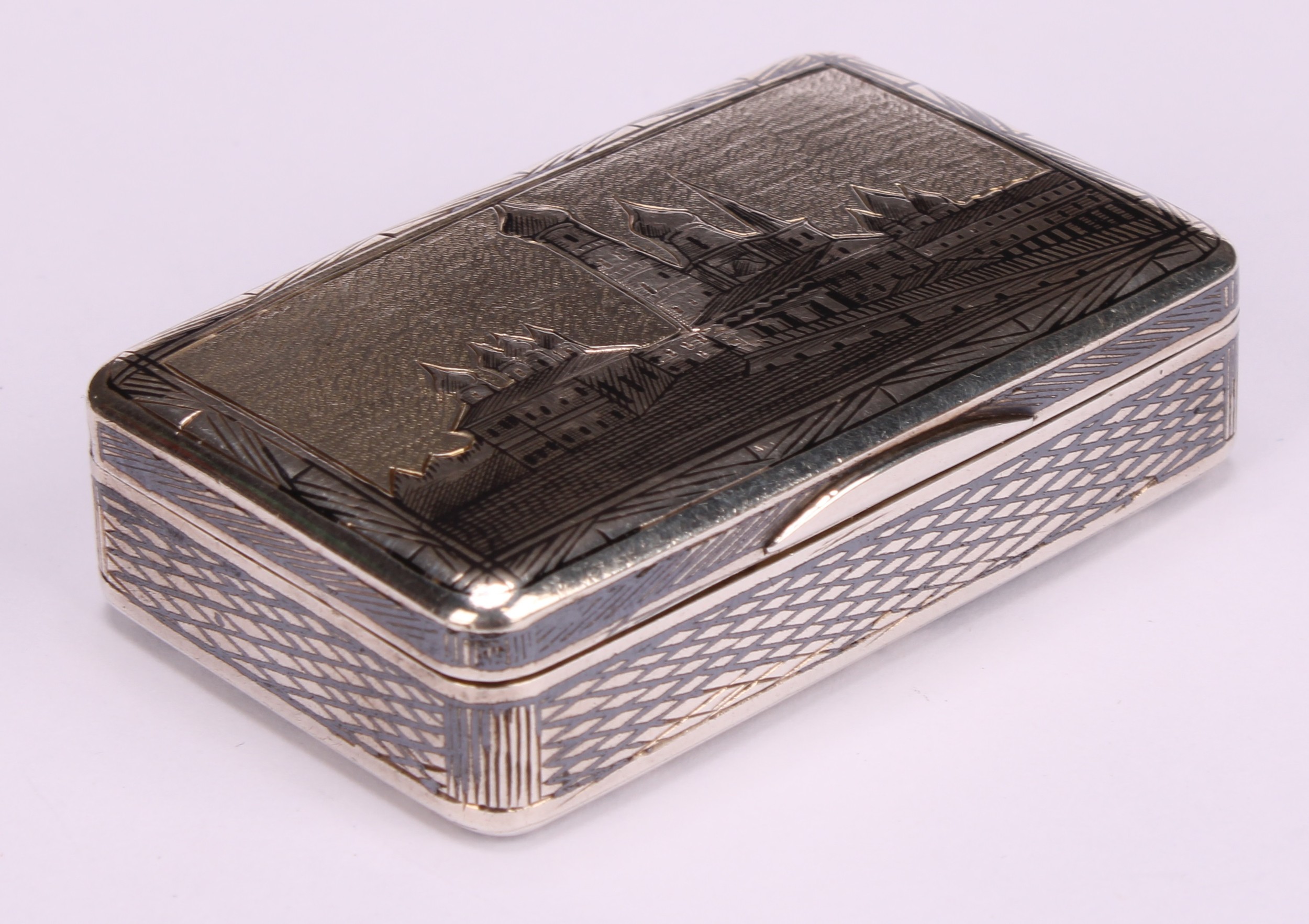 A 19th century Russian silver and enamel rectangular snuff box, decorated with topographical scenes, - Image 3 of 5