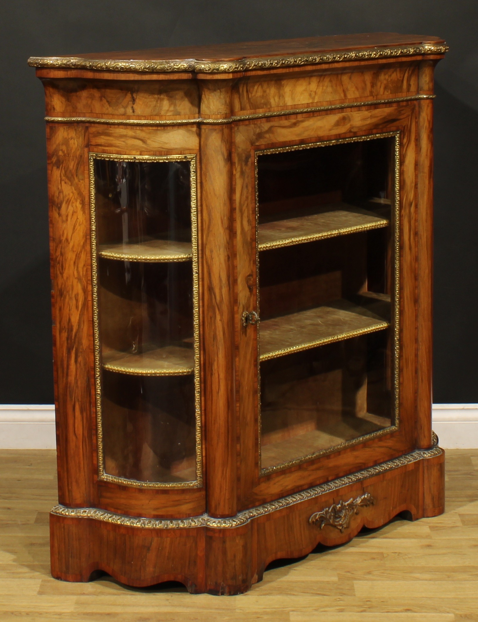 A Victorian gilt metal mounted rosewood crossbanded walnut credenza, oversailing top above a - Bild 3 aus 4