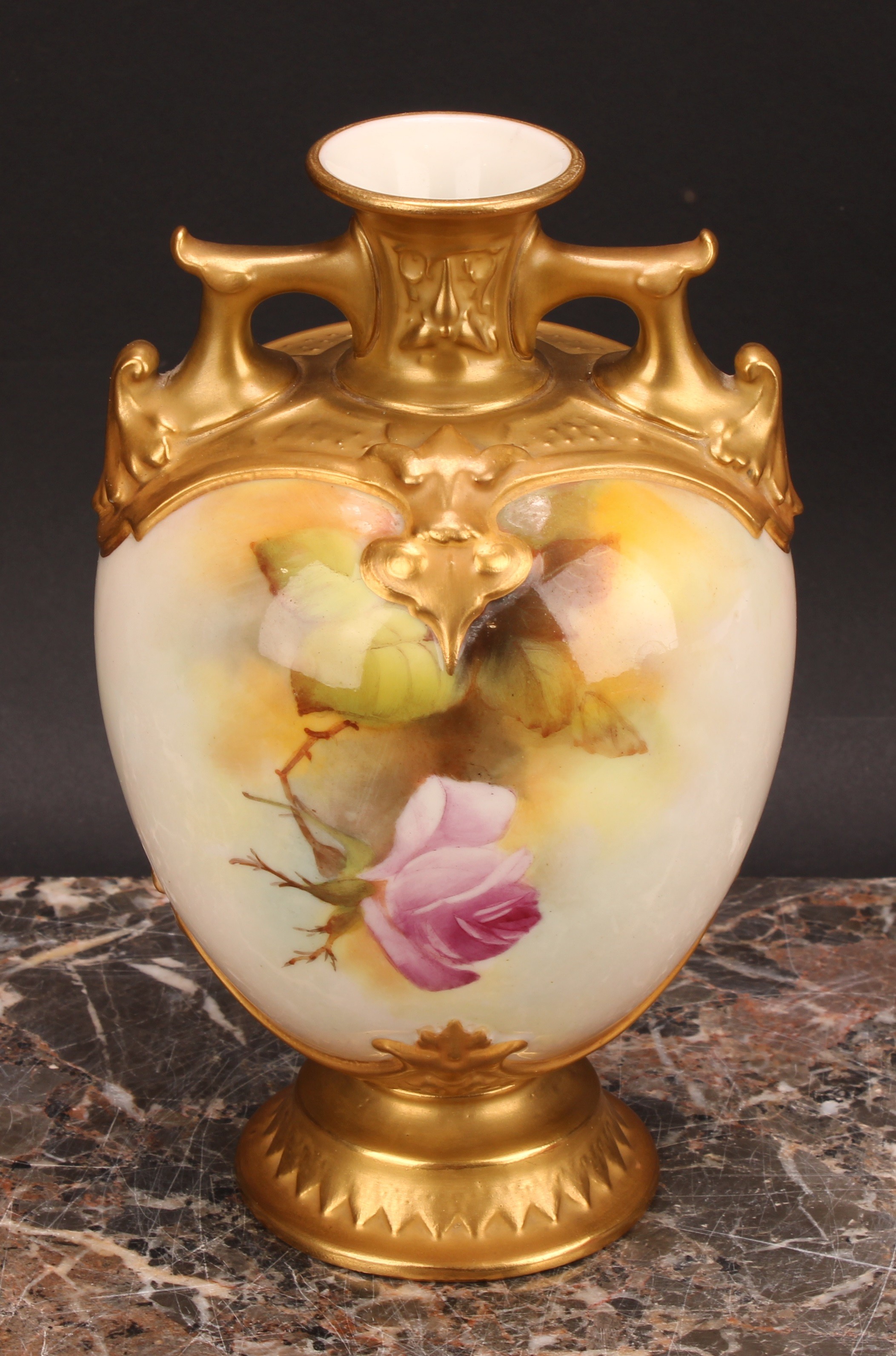 A Royal Worcester ovoid vase, painted by R Austin, signed, with roses on a blush ivory ground, - Image 5 of 7