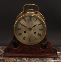 A 19th century brass drum clock, 12cm circular silvered dial inscribed with Roman numerals, twin