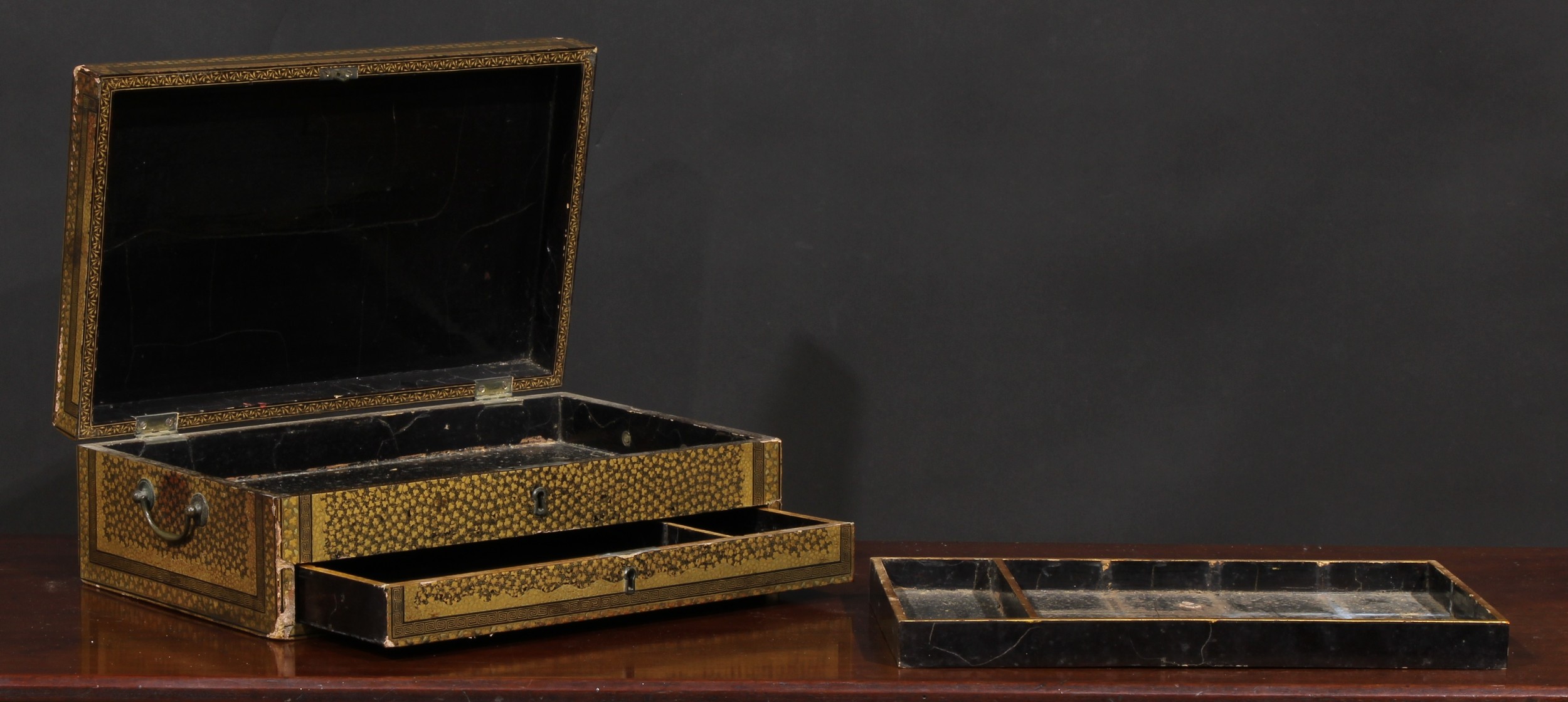 A Japanese black lacquer and parcel gilt rectangular games or work box, decorated with clover on a - Image 2 of 2