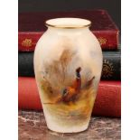 A Royal Worcester ovoid vase, painted by James Stinton, signed, with pheasants, 10.5cm high, printed