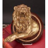 A 19th century gilt metal wall plaque, boldly cast as a ferocious lion, circular rosewood mount,