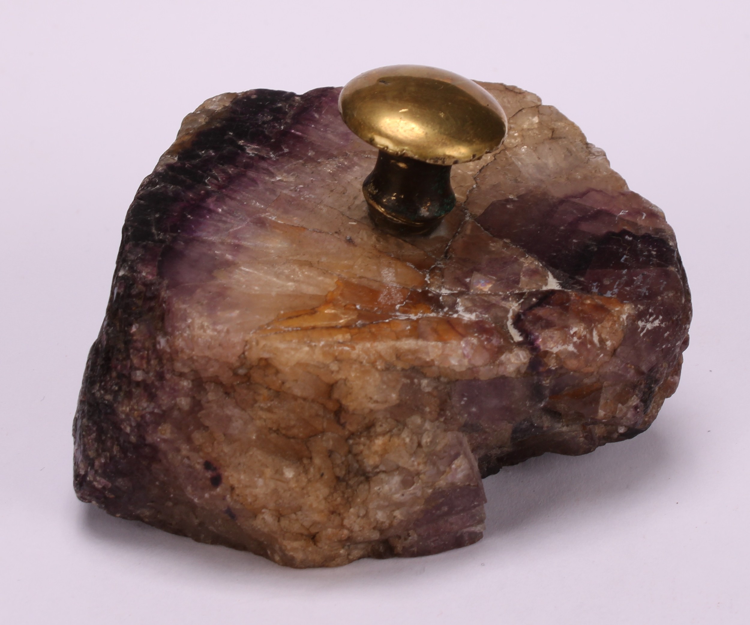 A 19th century Derbyshire Blue John specimen, as a desk weight, brass handle, 7cm wide - Image 2 of 4