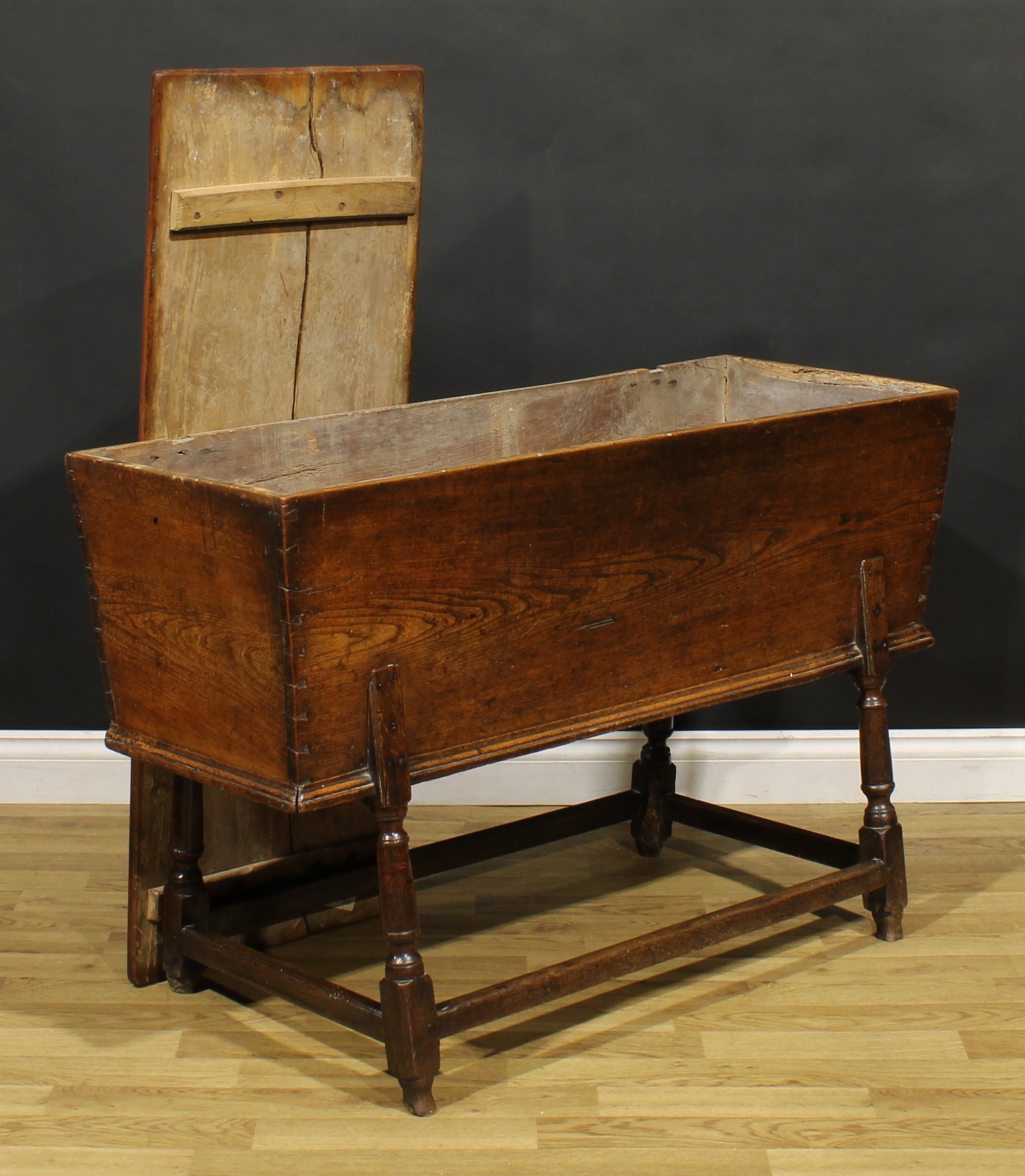 An 18th century elm dough bin, the base with turned legs, 76cm high, 121cm wide, 45cm deep - Image 3 of 5