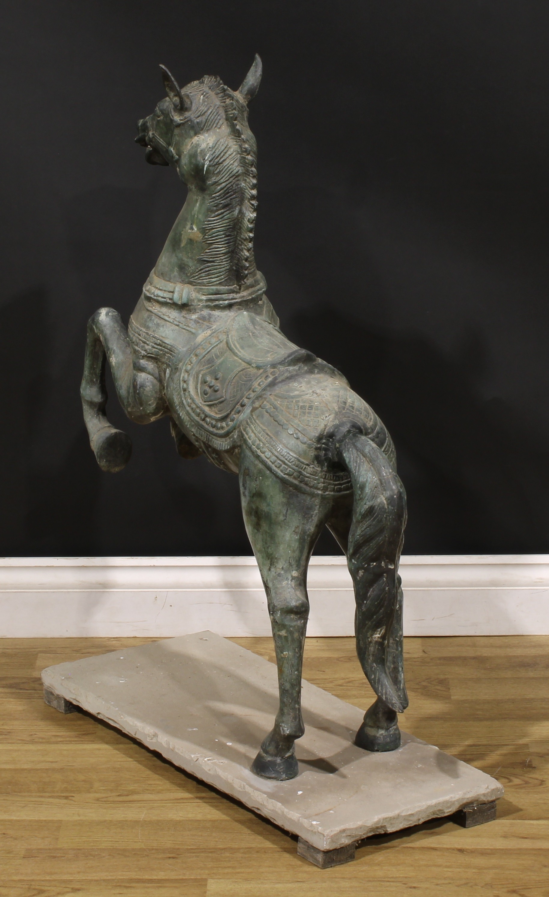 A verdigris patinated garden bronze, cast as a Chinese Tang Horse, stone base, 92cm high - Image 3 of 3