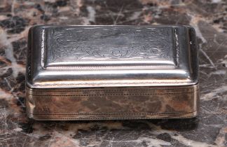 A George IV silver rectangular snuff box, bright-cut engraved with flowers and foliage, and outlined
