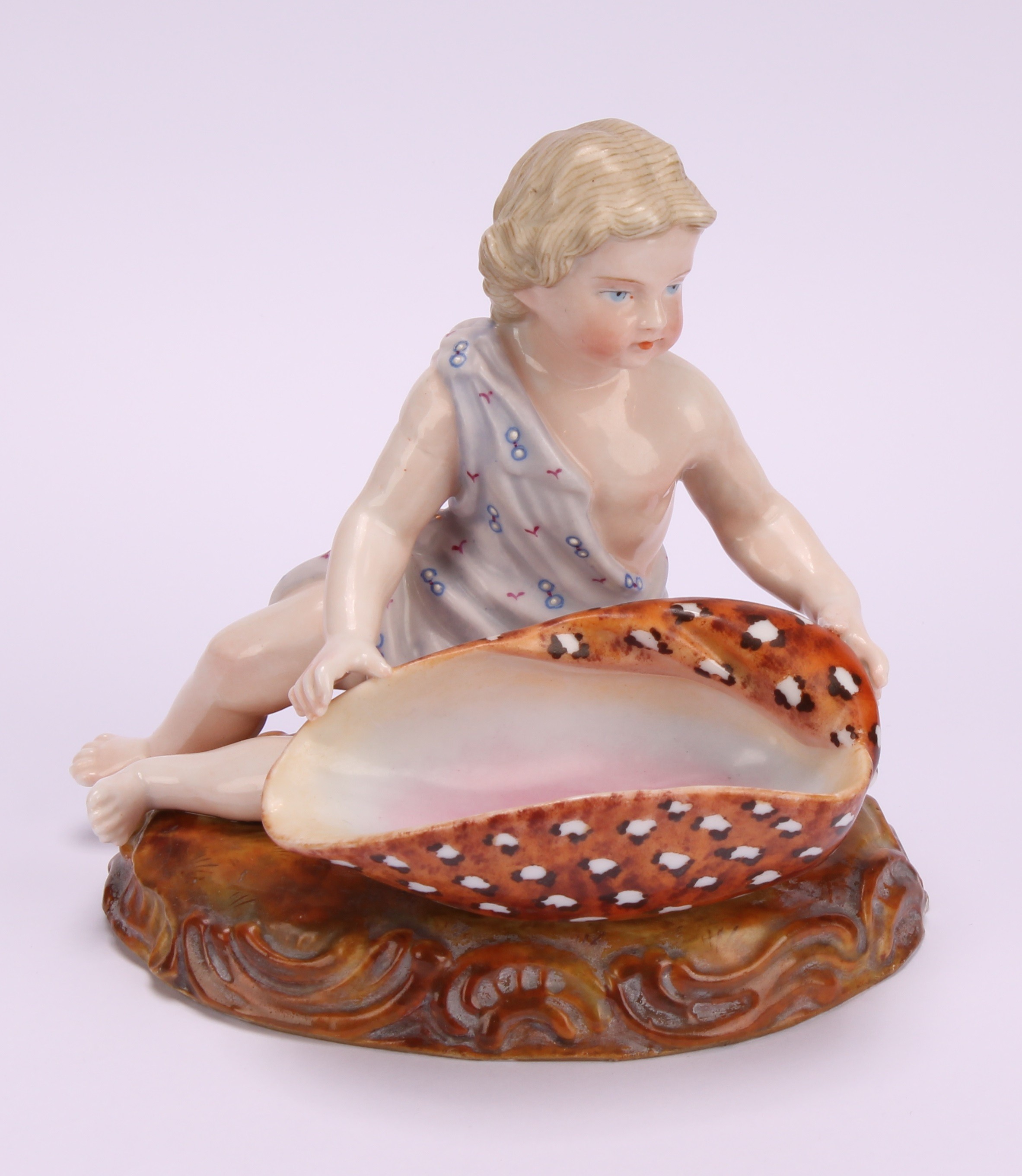 A pair of 19th century Sitzendorf figural table salts, of children holding seashells, decorated in - Image 3 of 10