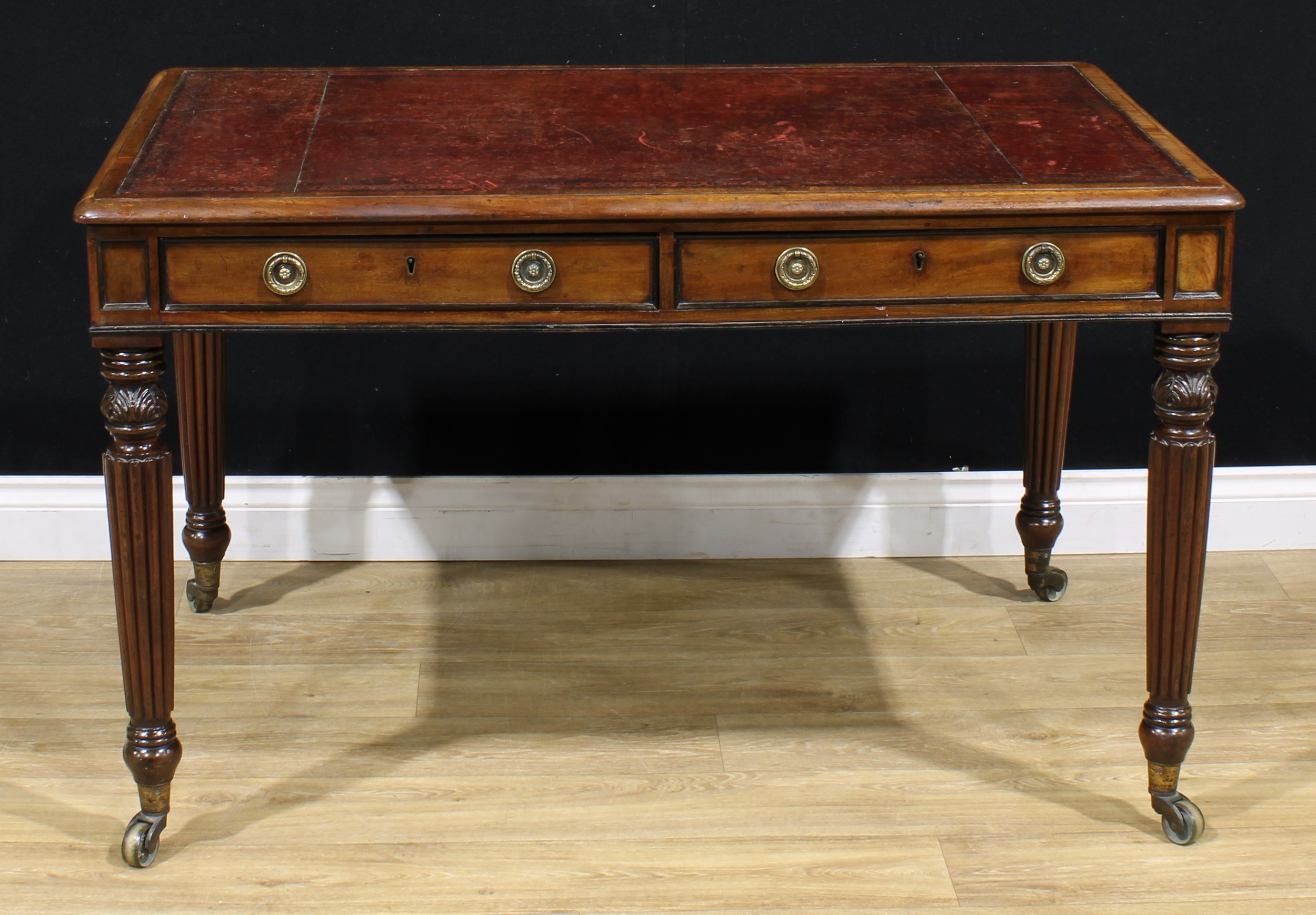 A George IV mahogany room centre library writing table, rounded rectangular top with inset tooled - Image 2 of 6