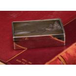 A Japanese silver and mixed metal rounded rectangular snuff box, the hinged cover decorated with