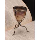 A Derbyshire Blue John egg shaped specimen vase, silver plated tripod stand, 11cm high, 19th century