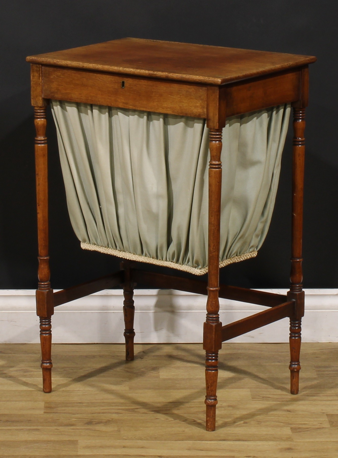 A George IV mahogany work table, hinged top, turned legs, 70cm high, 47.5cm wide, 34.5cm deep, c. - Image 5 of 6
